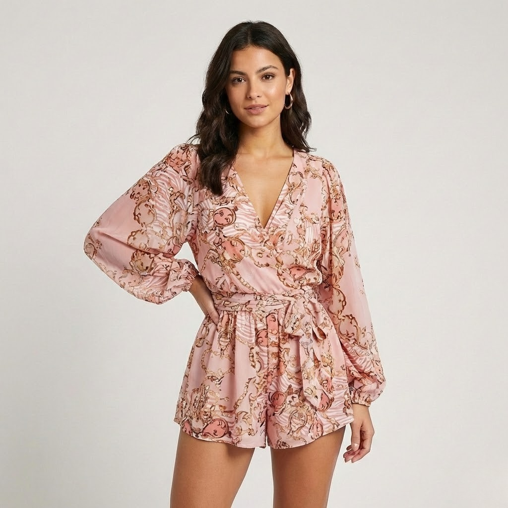 Macacão curto fluido com estampado tropical | Corte solto | Espírito de verão