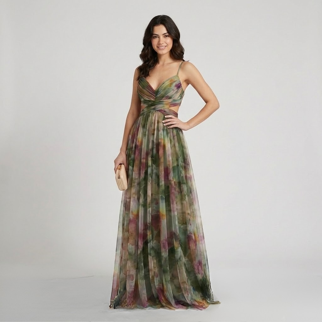 Vestido comprido fluido em mistura de viscose | Corte império | Decote profundo elegante