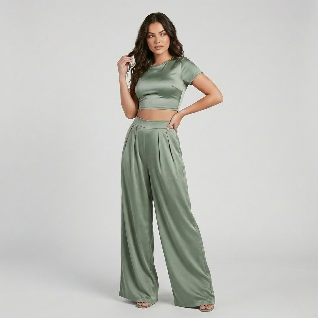 Set fluido contemporâneo | Top curto e calças largas | Elegância moderna