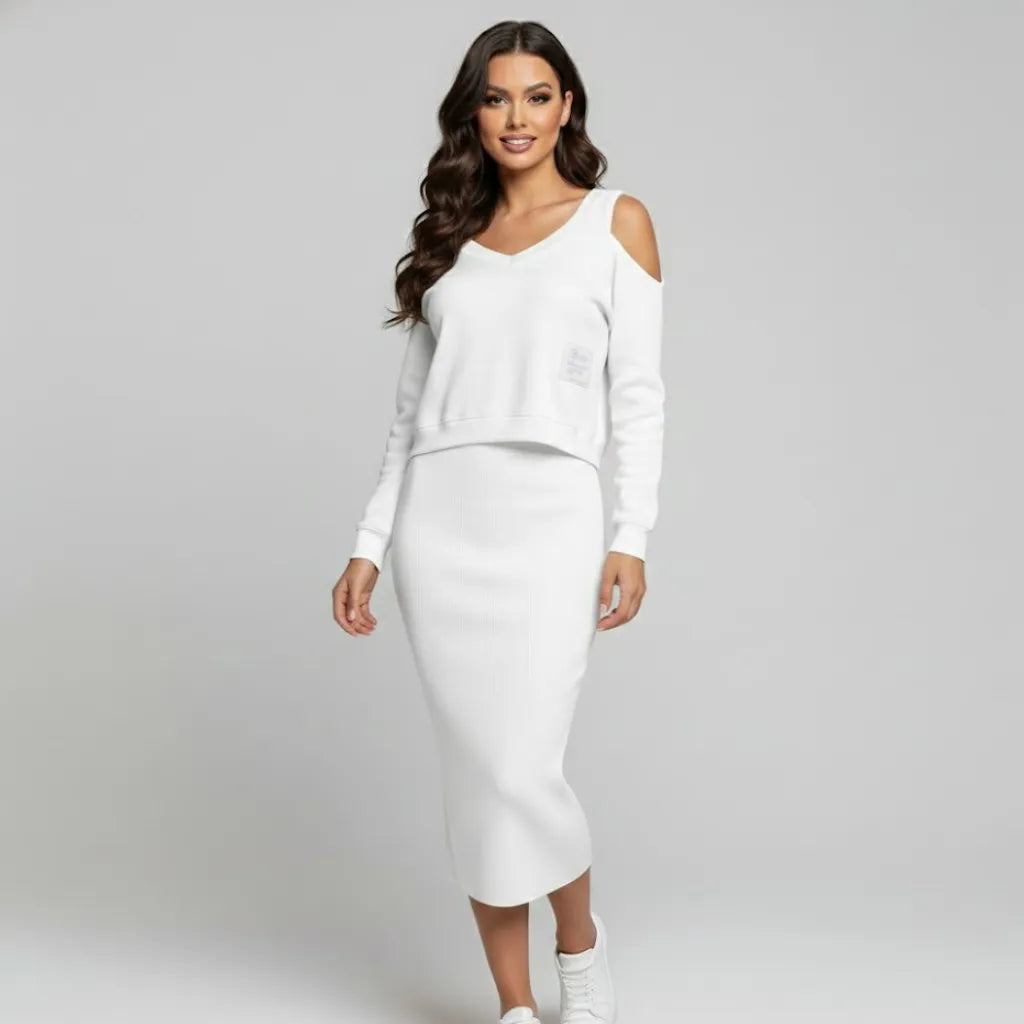 Conjunto elegante em mistura suave | Saia midi e sweatshirt curta | Estilo urbano sofisticado