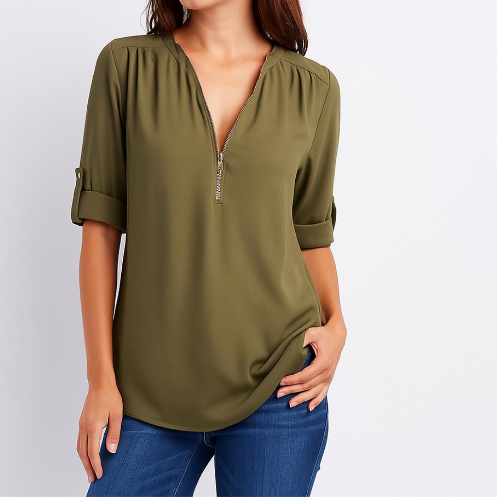 Blusa feminina fluida com decote em V e mangas dobradas