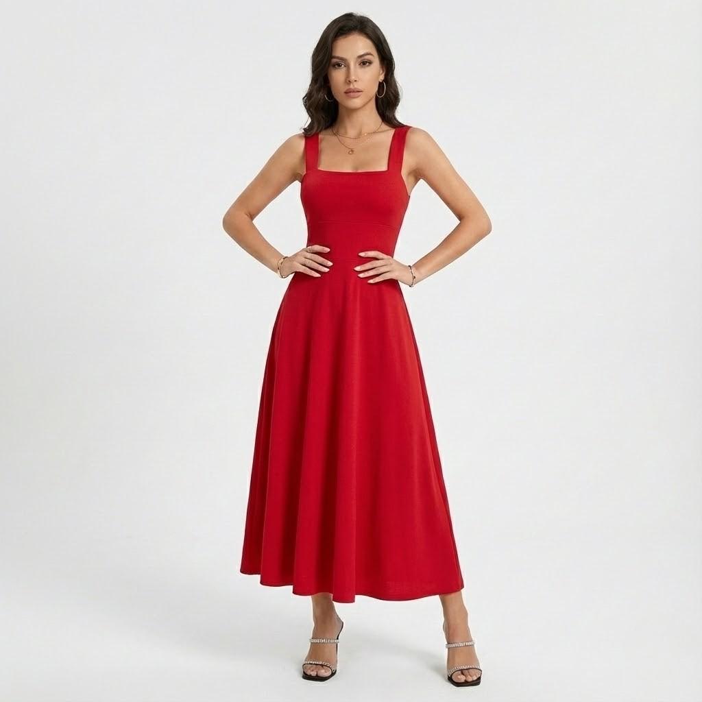 Vestido midi fluido de linhas puras | Corte evasé | Elegância intemporal