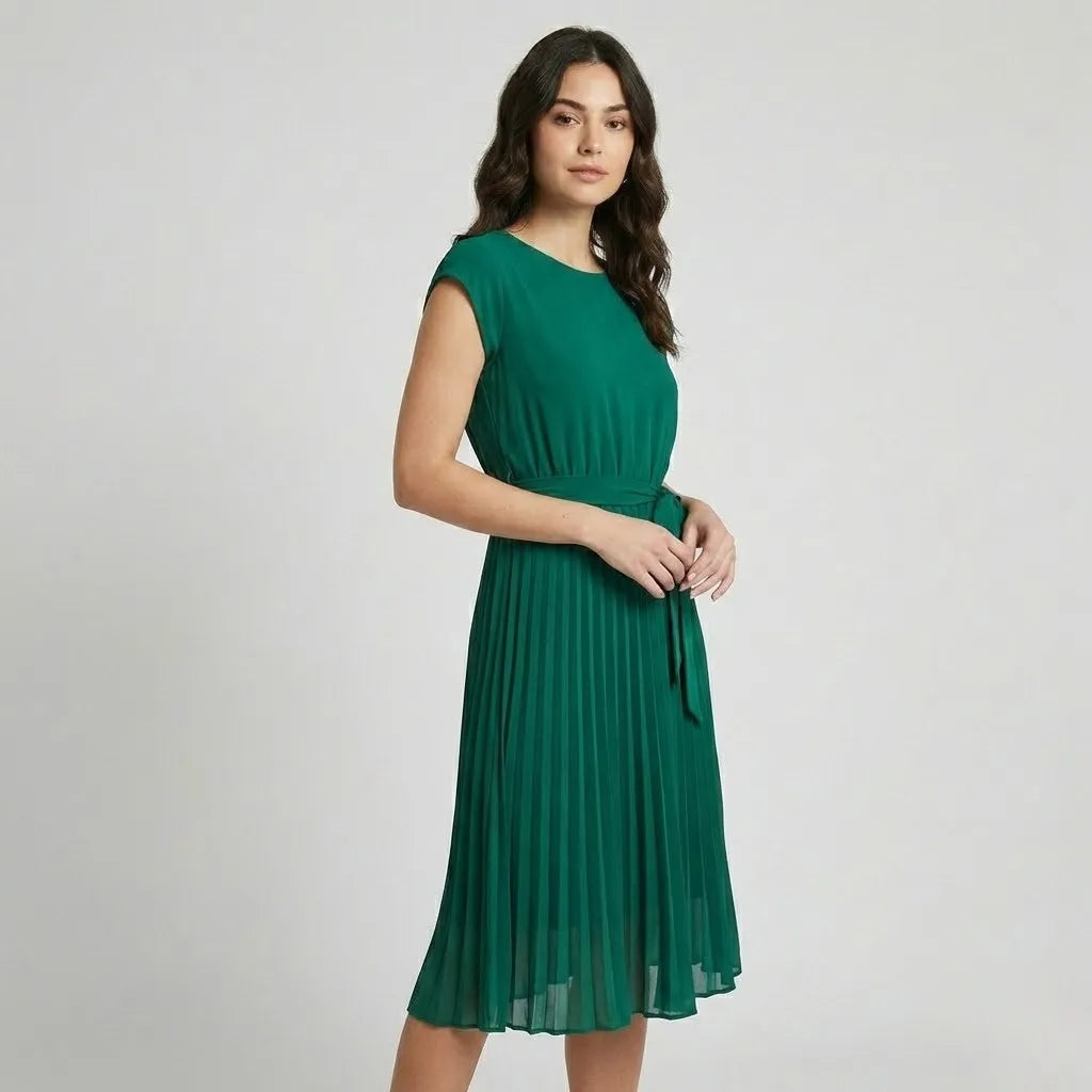 Vestido midi plissado em mistura de viscose | Cintura ajustável | Elegância versátil