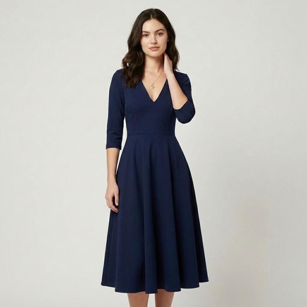 Vestido midi fluido em mistura de viscose | Cintura marcada | Decote em V elegante