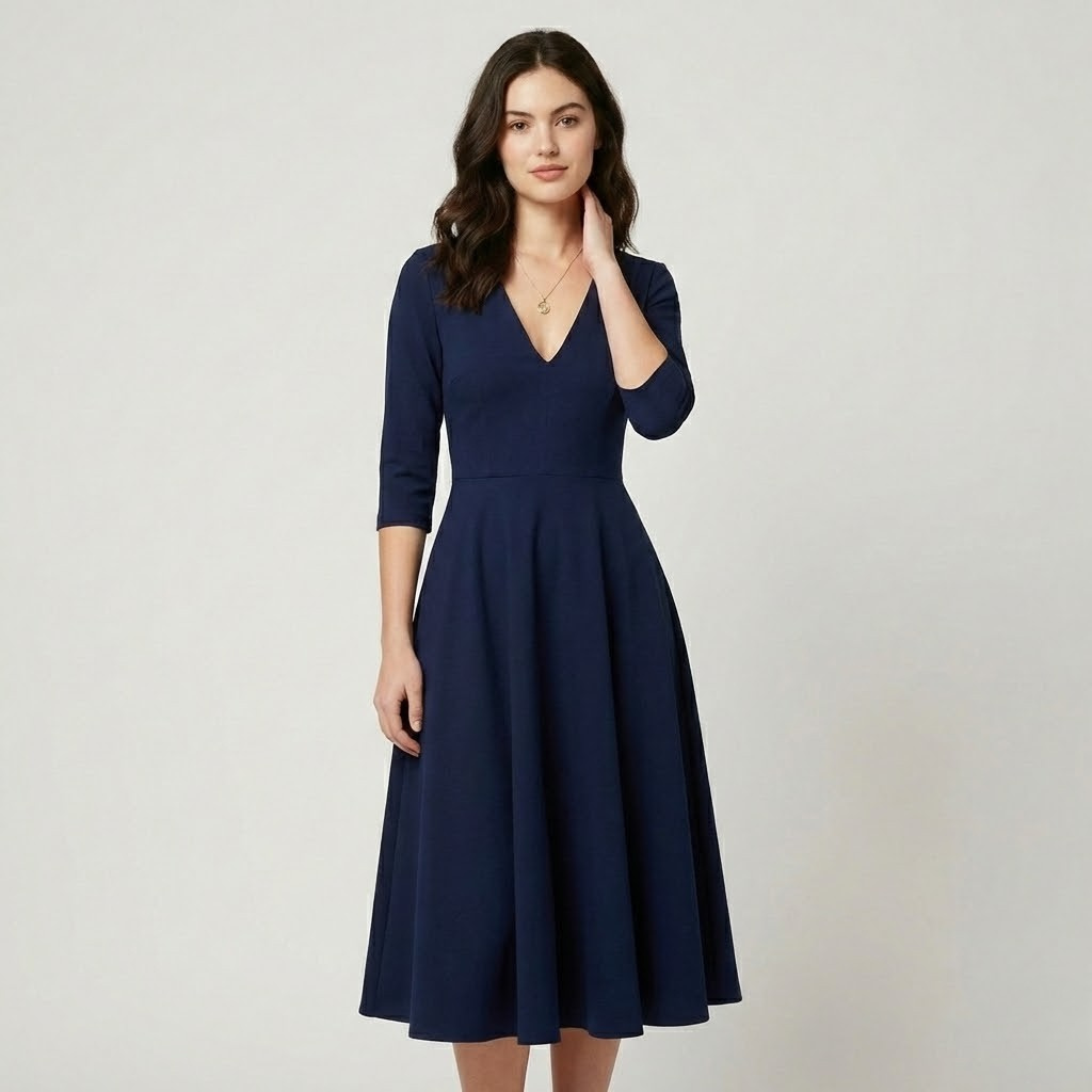 Vestido midi fluido em mistura de viscose | Cintura marcada | Decote em V elegante