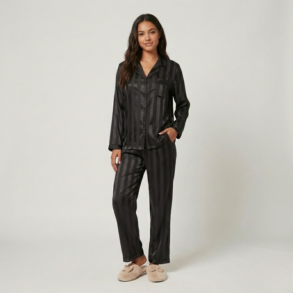 Conjunto pijama acetinado com padrão riscado | Corte fluido | Elegância relaxada