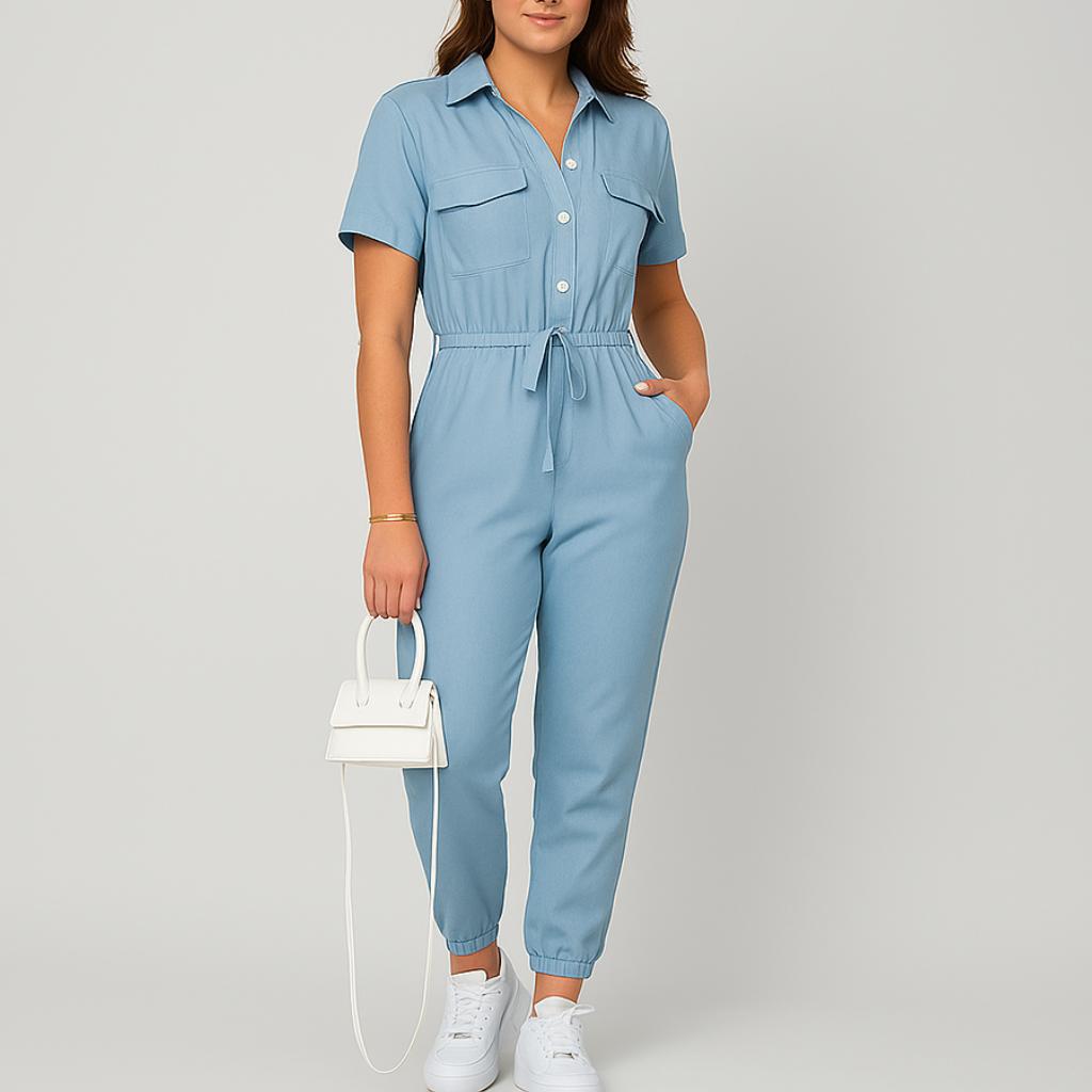 Macacão feminino de manga curta com cintura ajustável