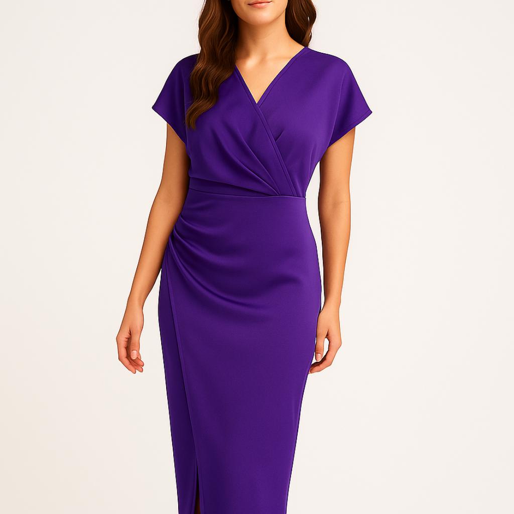 Vestido midi feminino com decote cruzado e corte elegante