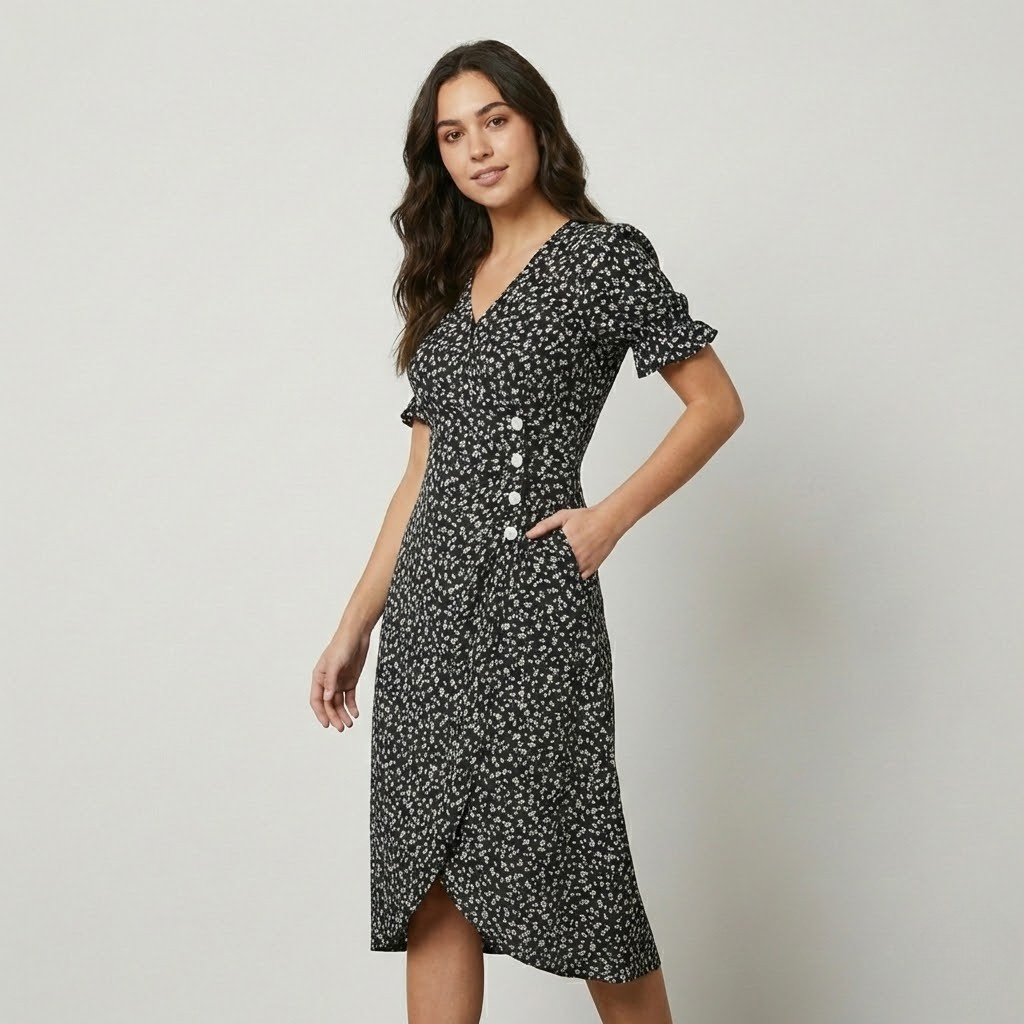 Vestido midi floral em mistura de viscose | Corte feminino | Elegância natural