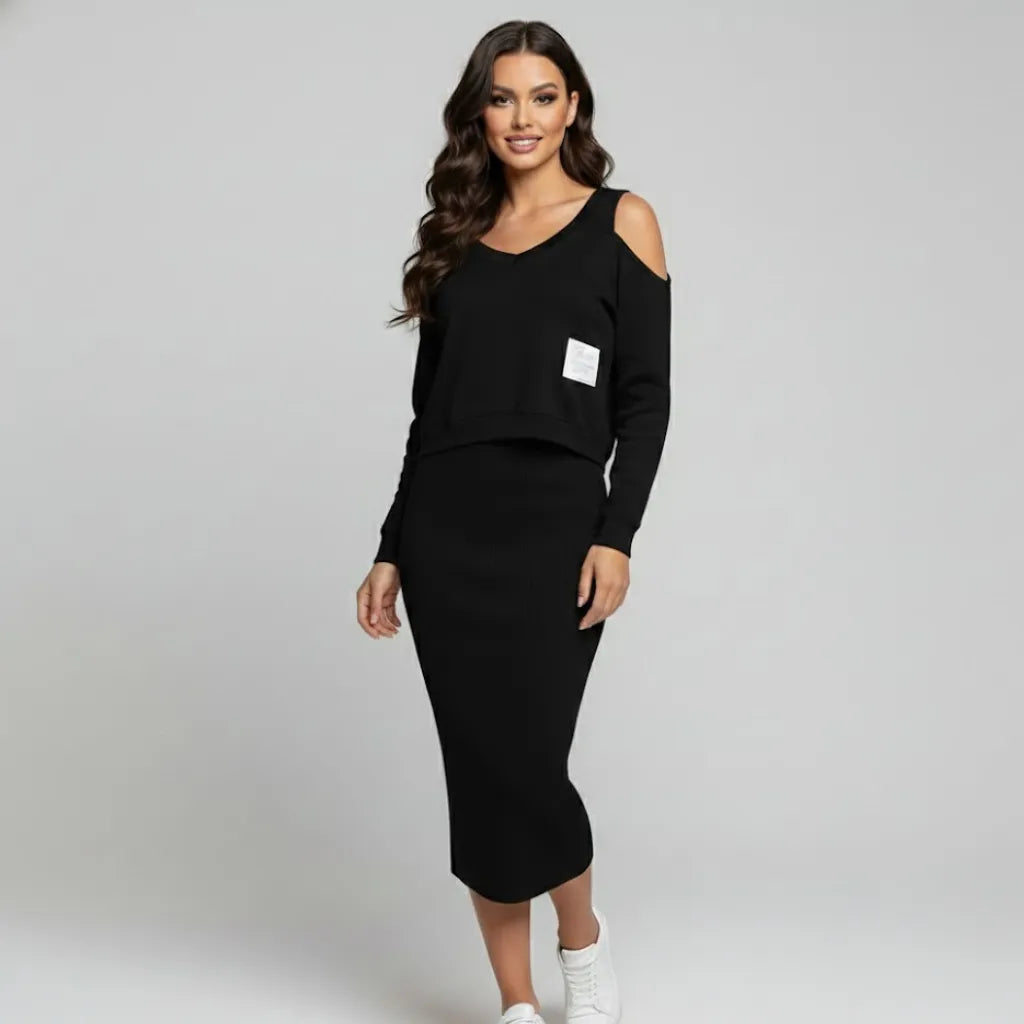 Conjunto elegante em mistura suave | Saia midi e sweatshirt curta | Estilo urbano sofisticado