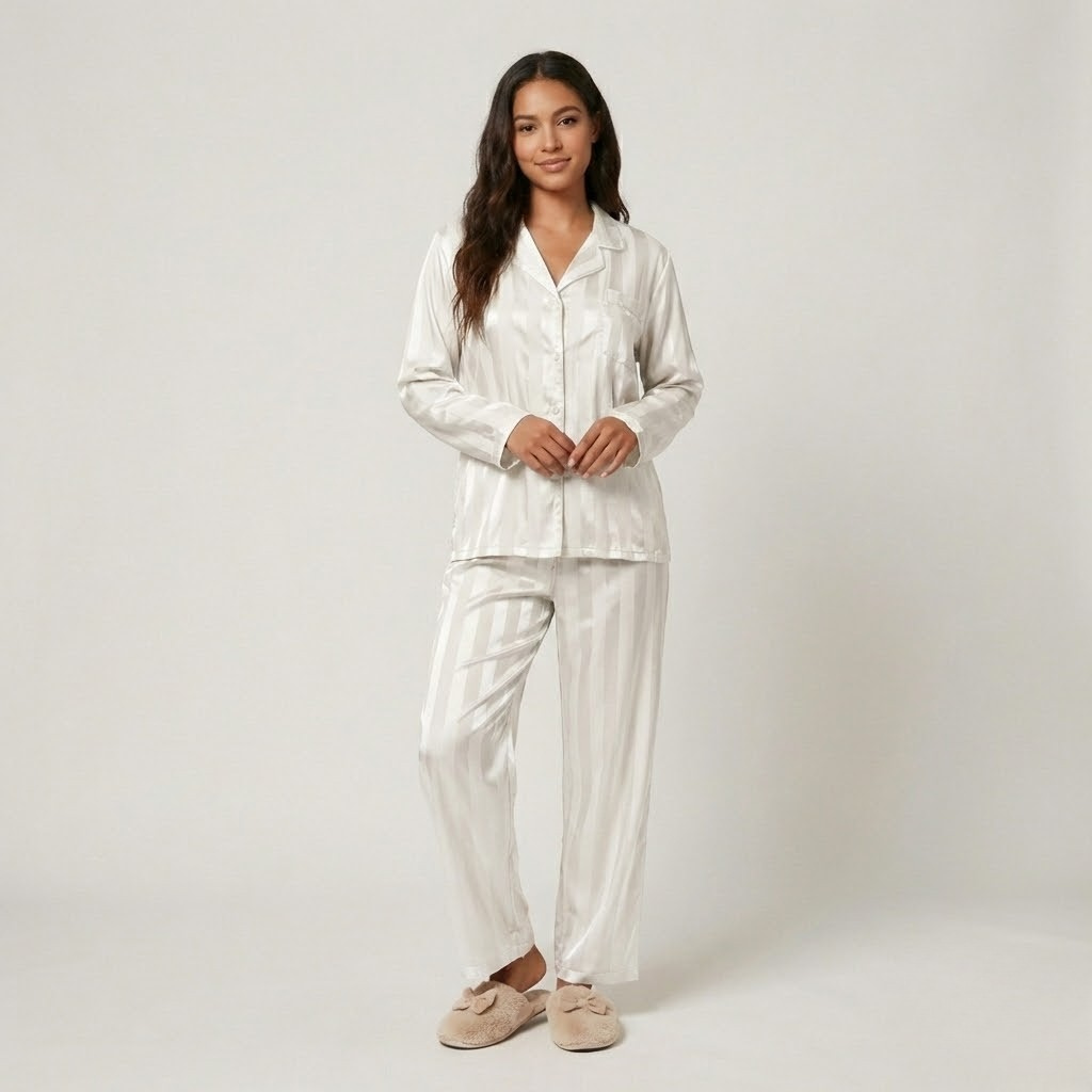 Conjunto pijama acetinado com padrão riscado | Corte fluido | Elegância relaxada