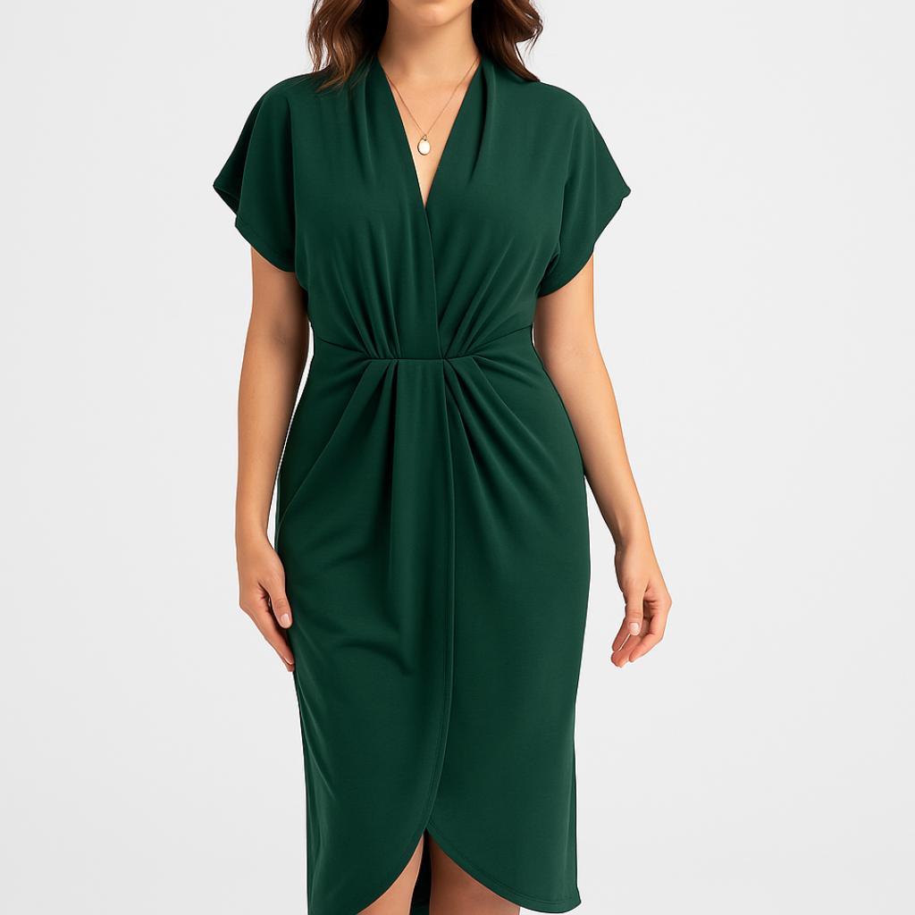 Vestido midi elegante com decote em V e abertura frontal