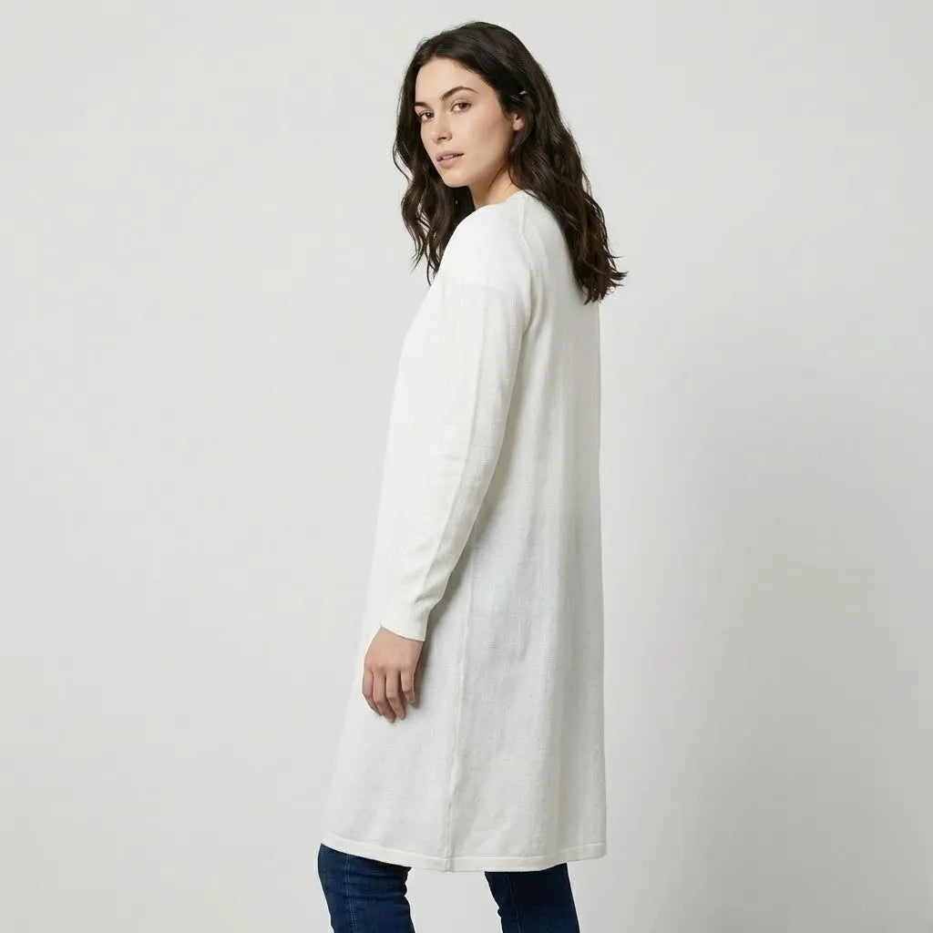 Casaco cardigan leve em malha fluida | Corte alongado | Elegância descontraída