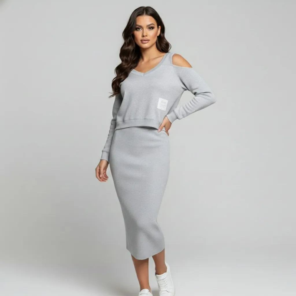 Conjunto elegante em mistura suave | Saia midi e sweatshirt curta | Estilo urbano sofisticado
