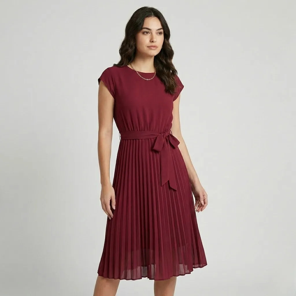 Vestido midi plissado em mistura de viscose | Cintura ajustável | Elegância versátil