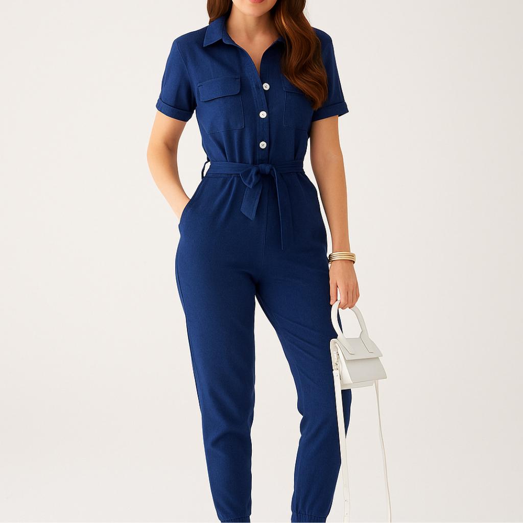 Macacão feminino de manga curta com cintura ajustável