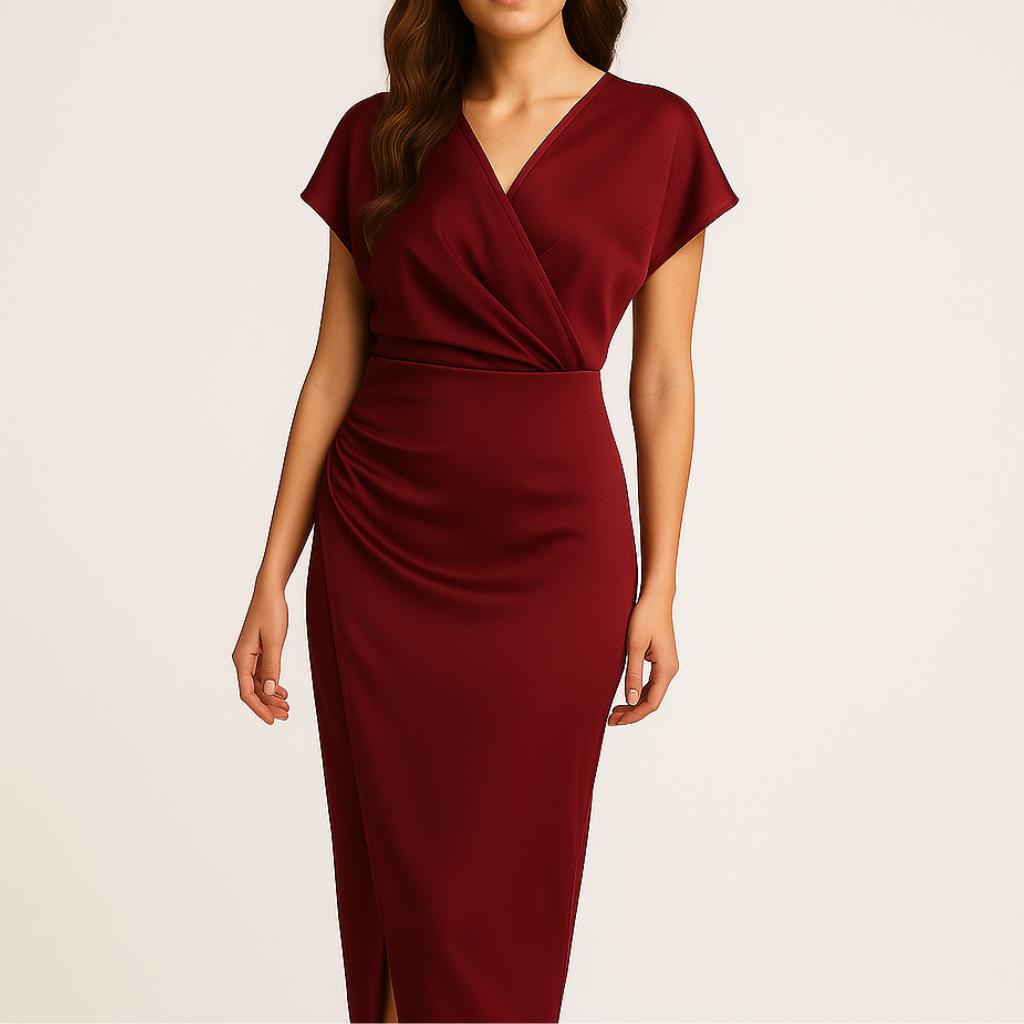 Vestido midi feminino com decote cruzado e corte elegante