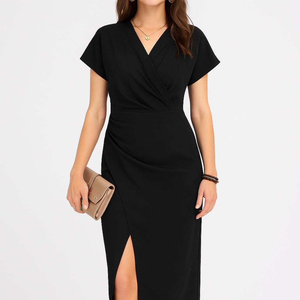 Vestido midi feminino com decote cruzado e corte elegante