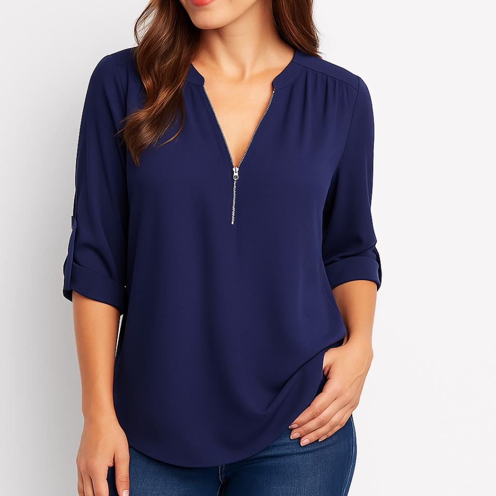 Blusa feminina fluida com decote em V e mangas dobradas