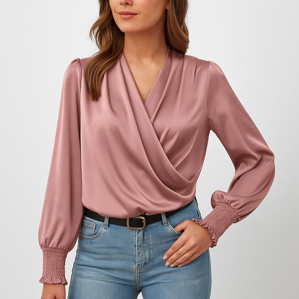 Blusa feminina cruzada com decote em V e mangas compridas