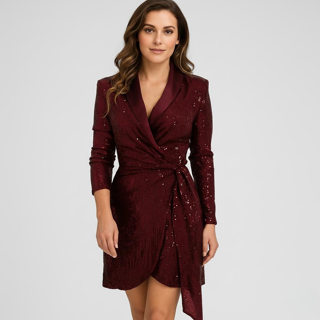Vestido curto feminino com brilho e corte blazer