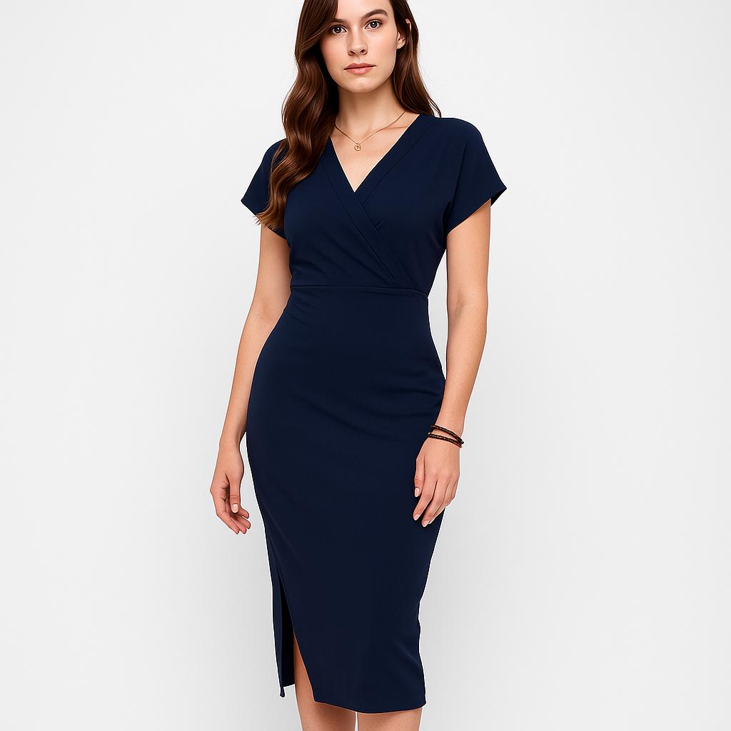 Vestido midi feminino com decote cruzado e corte elegante