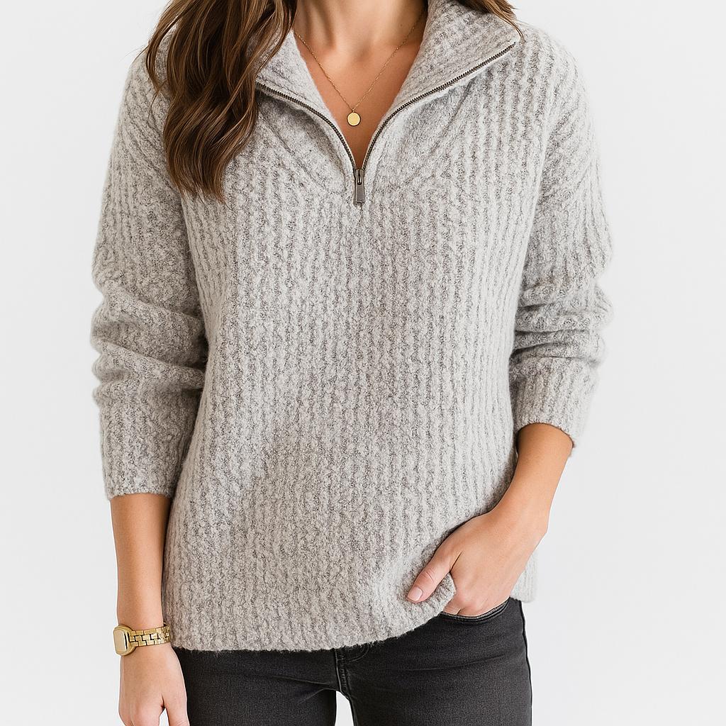 Camisola de malha com meia gola e fecho curto para senhora