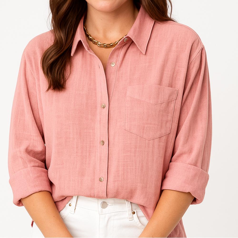 Blusa feminina de manga comprida com corte solto e bolso frontal