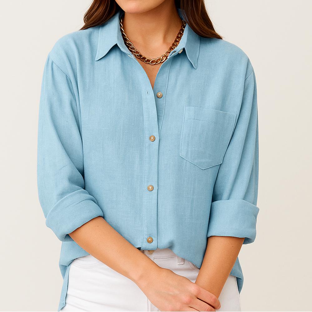 Blusa feminina de manga comprida com corte solto e bolso frontal