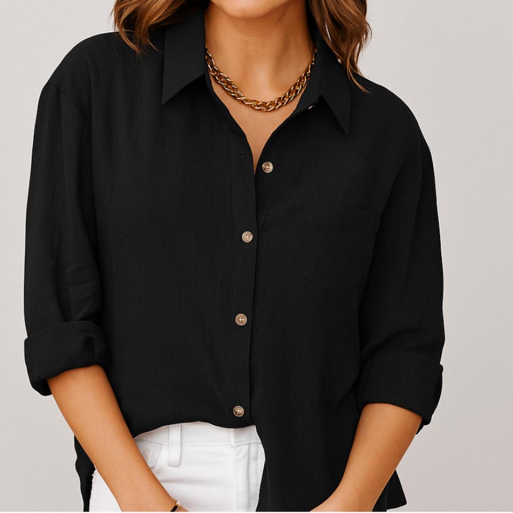 Blusa feminina de manga comprida com corte solto e bolso frontal
