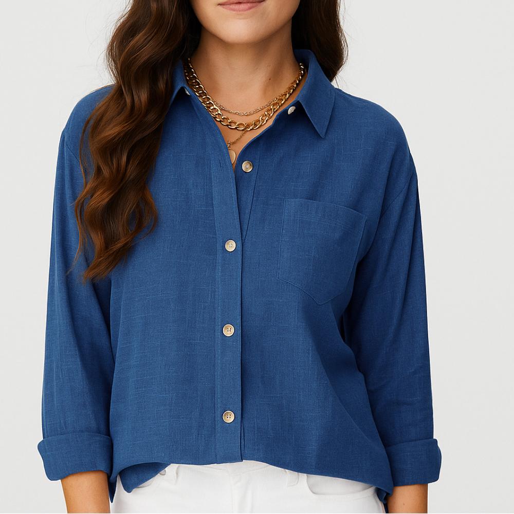 Blusa feminina de manga comprida com corte solto e bolso frontal