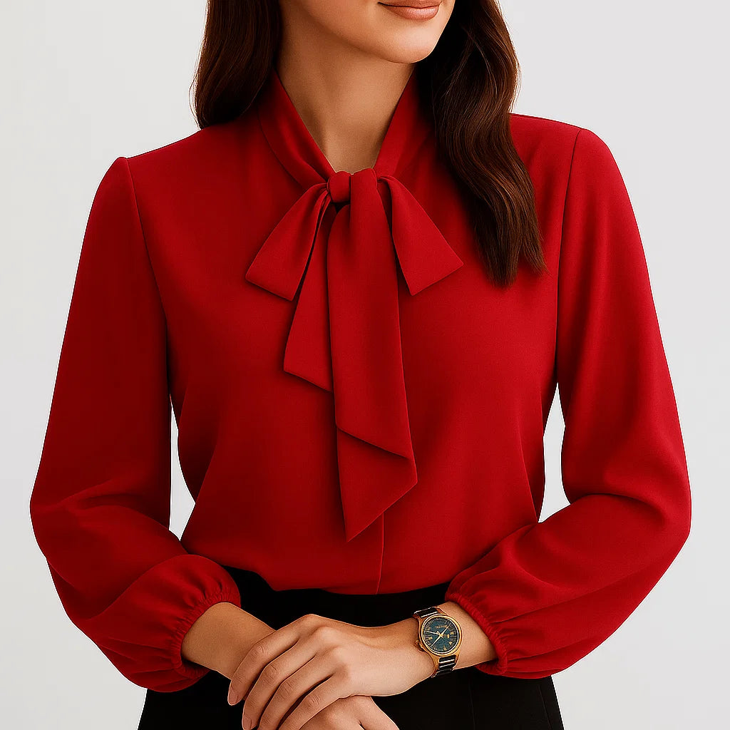 Blusa feminina elegante com laço no decote e manga comprida