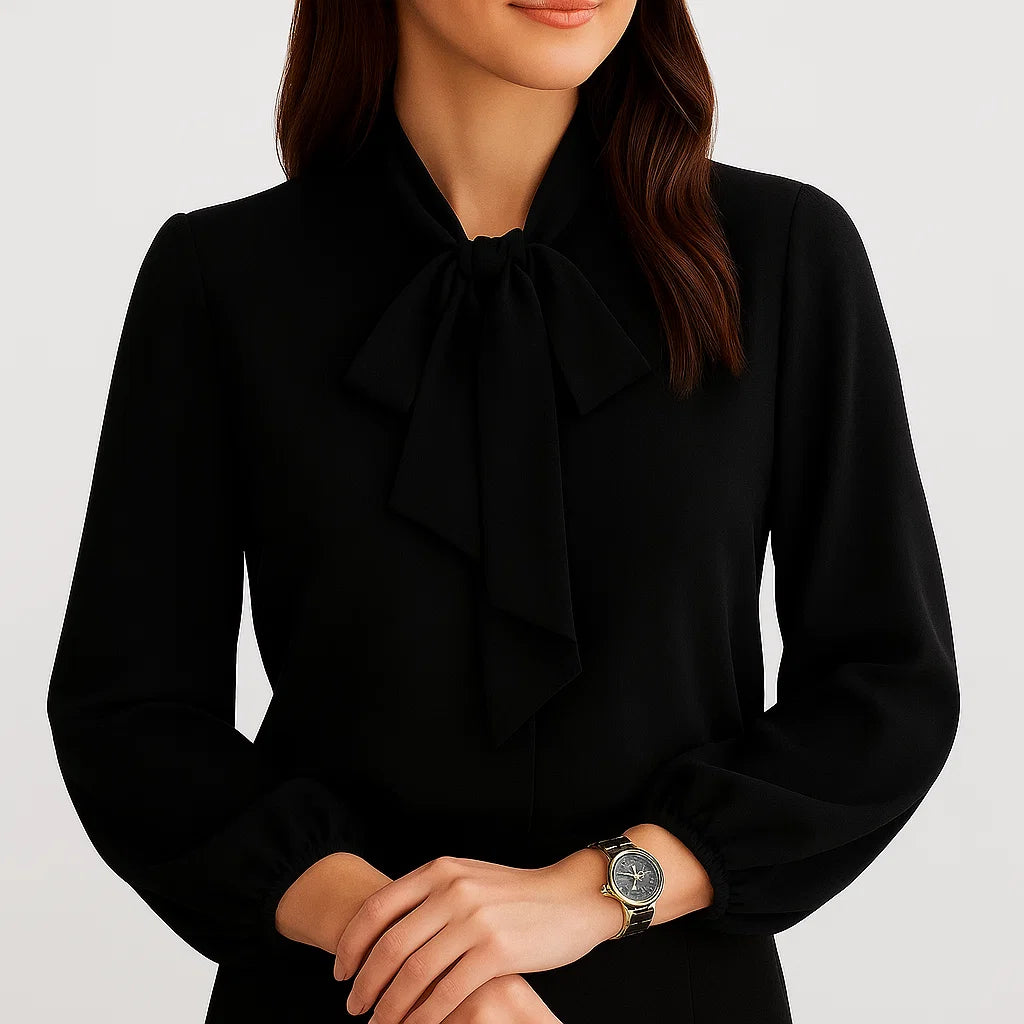 Blusa feminina elegante com laço no decote e manga comprida