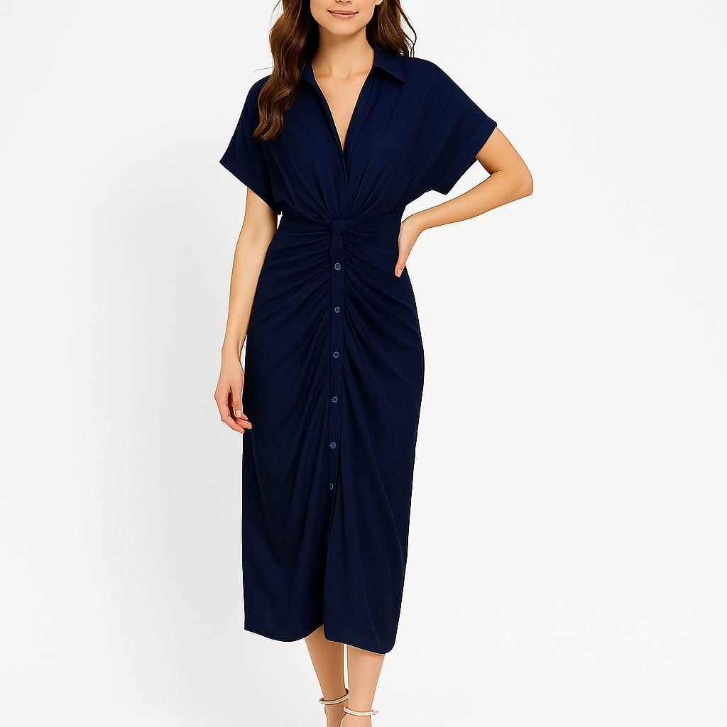 Vestido midi feminino com nó frontal e corte fluido
