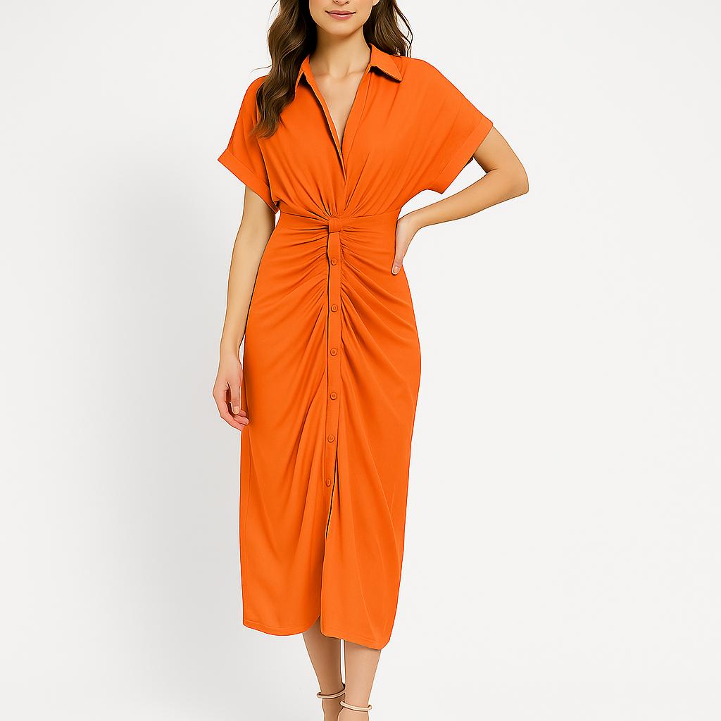 Vestido midi feminino com nó frontal e corte fluido