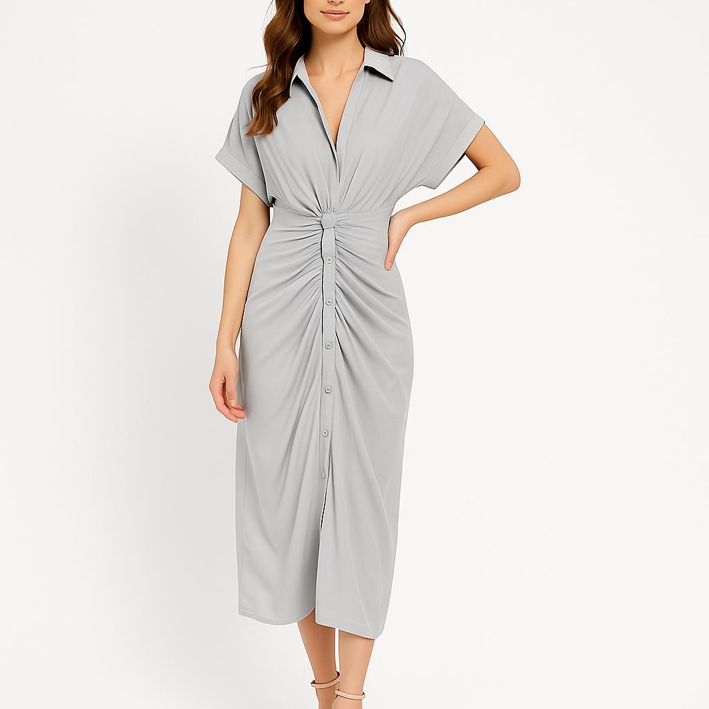 Vestido midi feminino com nó frontal e corte fluido