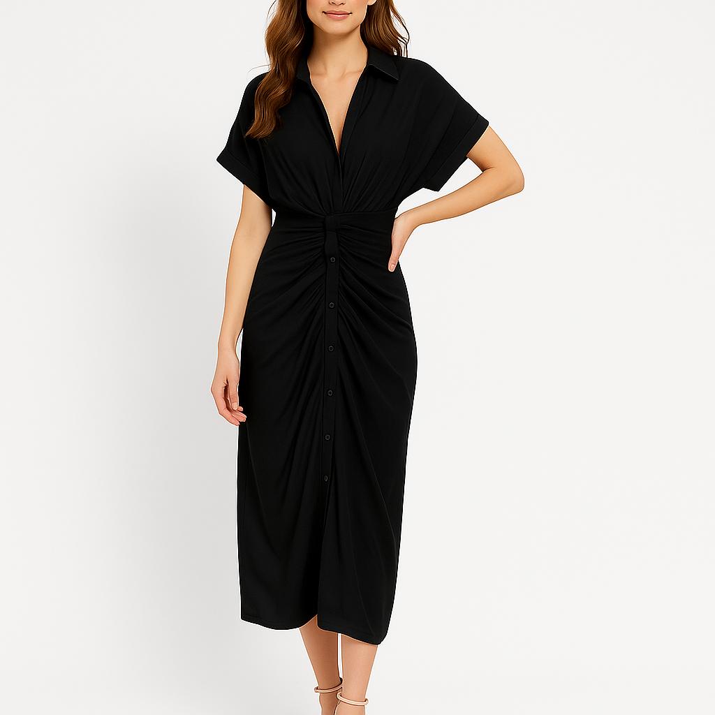 Vestido midi feminino com nó frontal e corte fluido