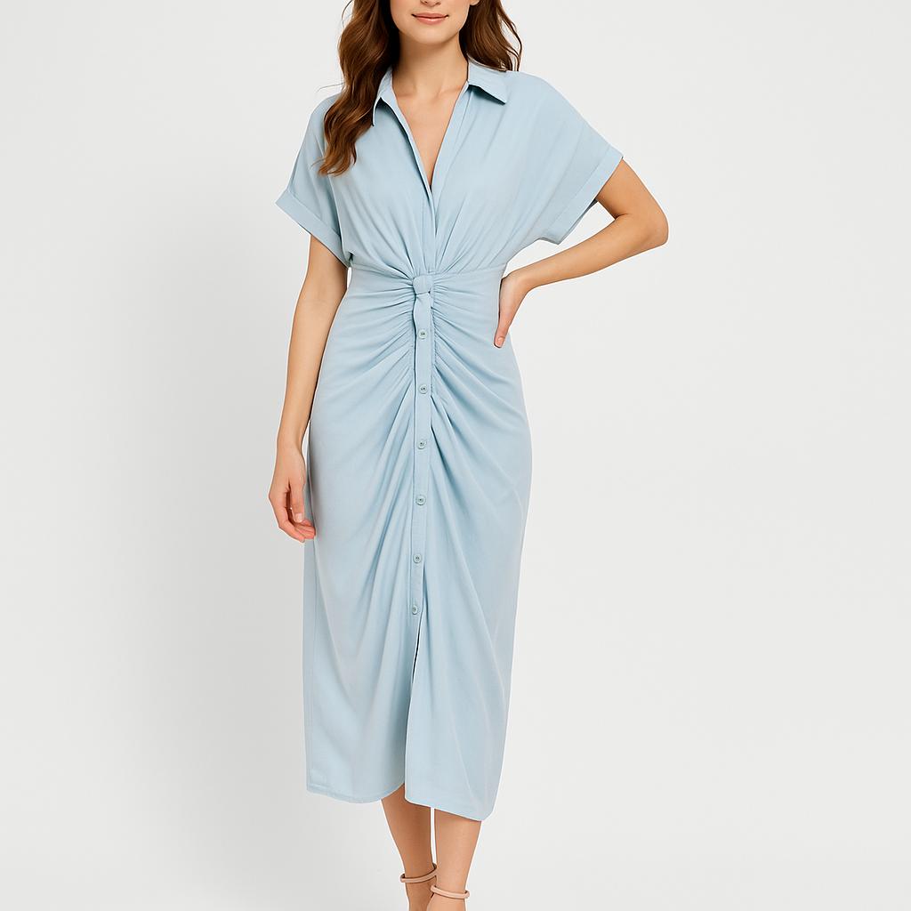 Vestido midi feminino com nó frontal e corte fluido