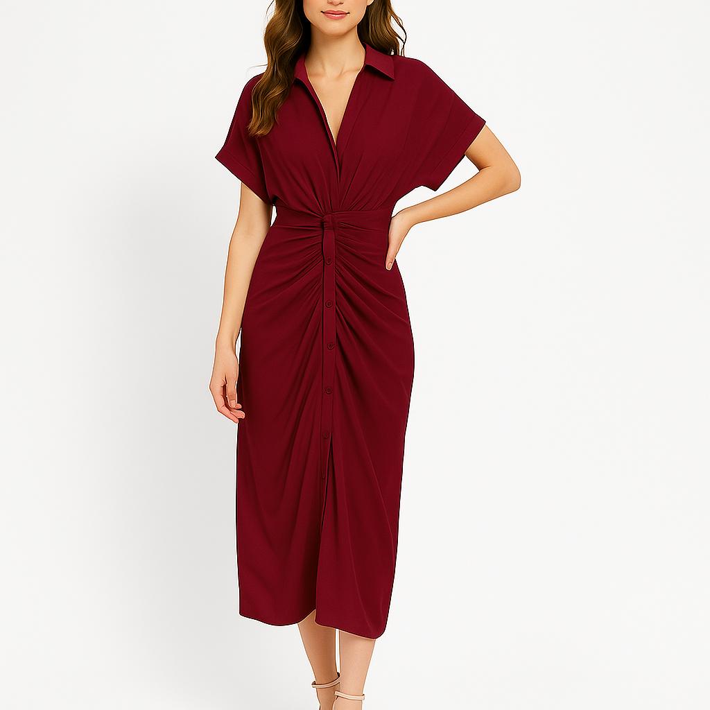 Vestido midi feminino com nó frontal e corte fluido