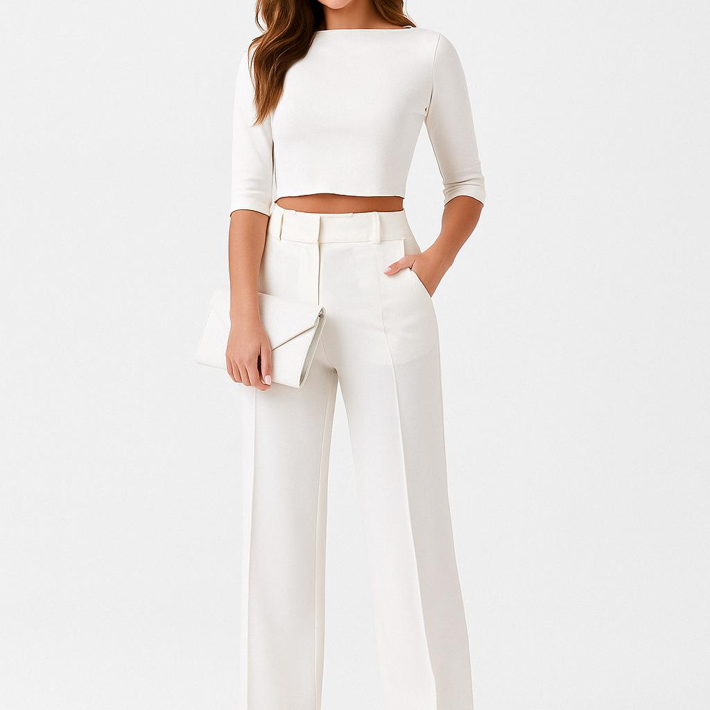 Conjunto feminino de top curto e calças de cintura subida