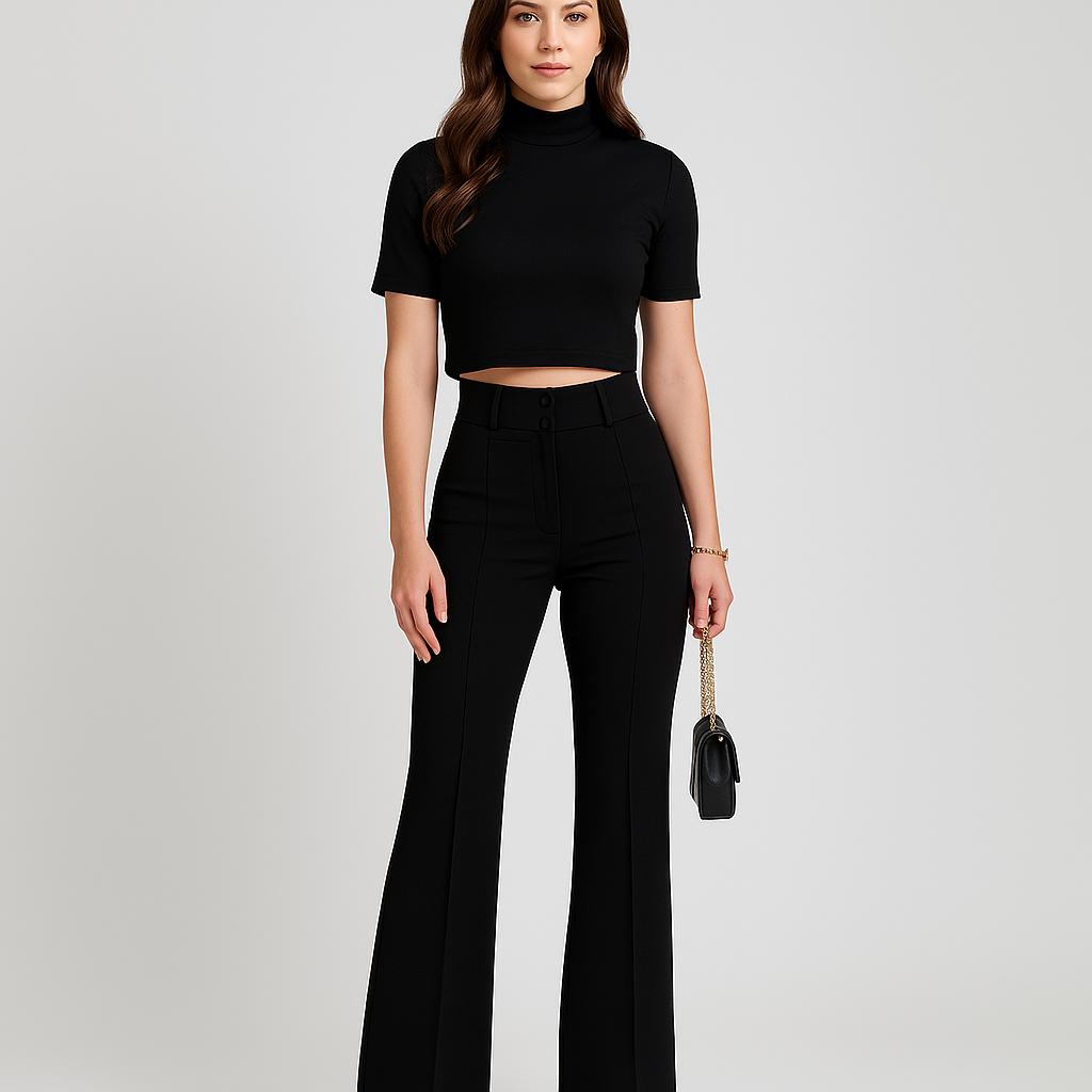Conjunto feminino de top curto e calças de cintura subida