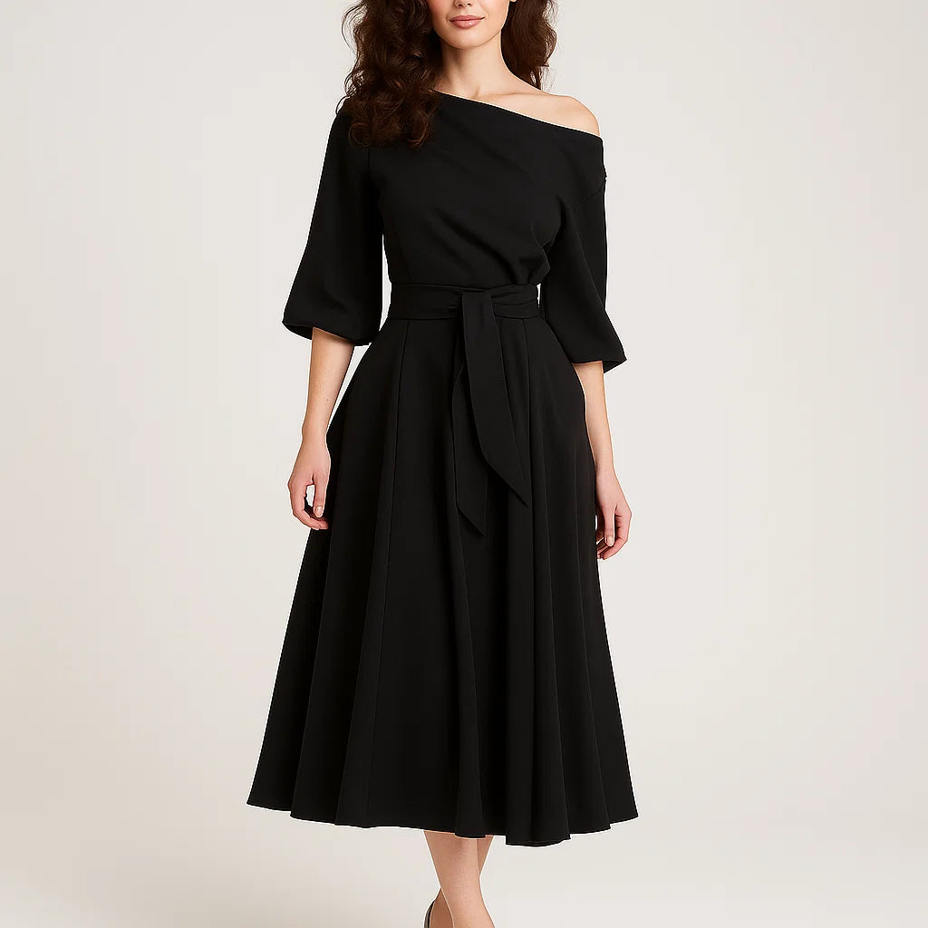 Vestido midi feminino com decote assimétrico e saia fluida