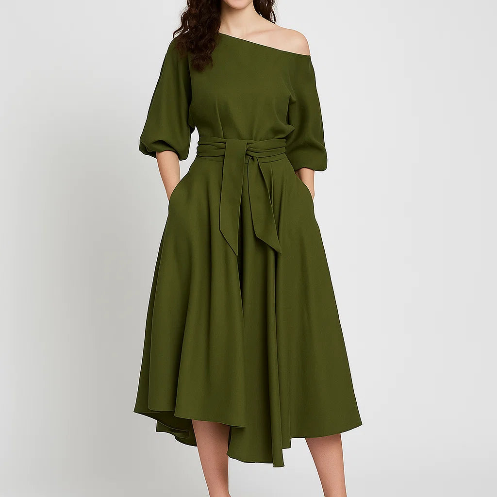 Vestido midi feminino com decote assimétrico e saia fluida