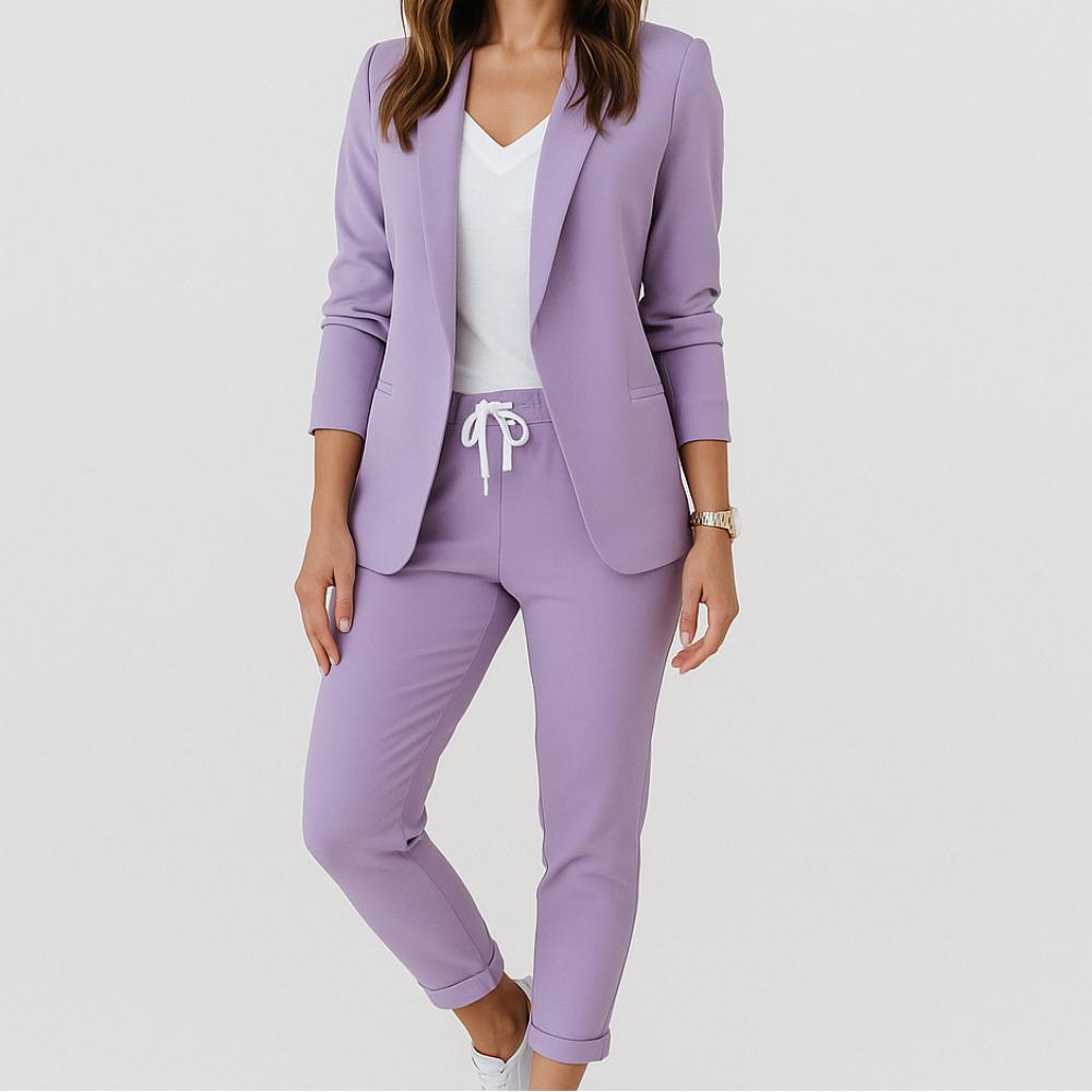 Conjunto feminino de blazer estruturado e calças de corte ajustado