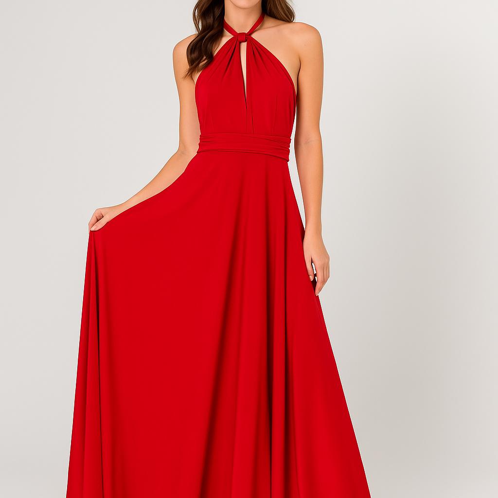 Vestido comprido fluido com decote halter e efeito drapeado