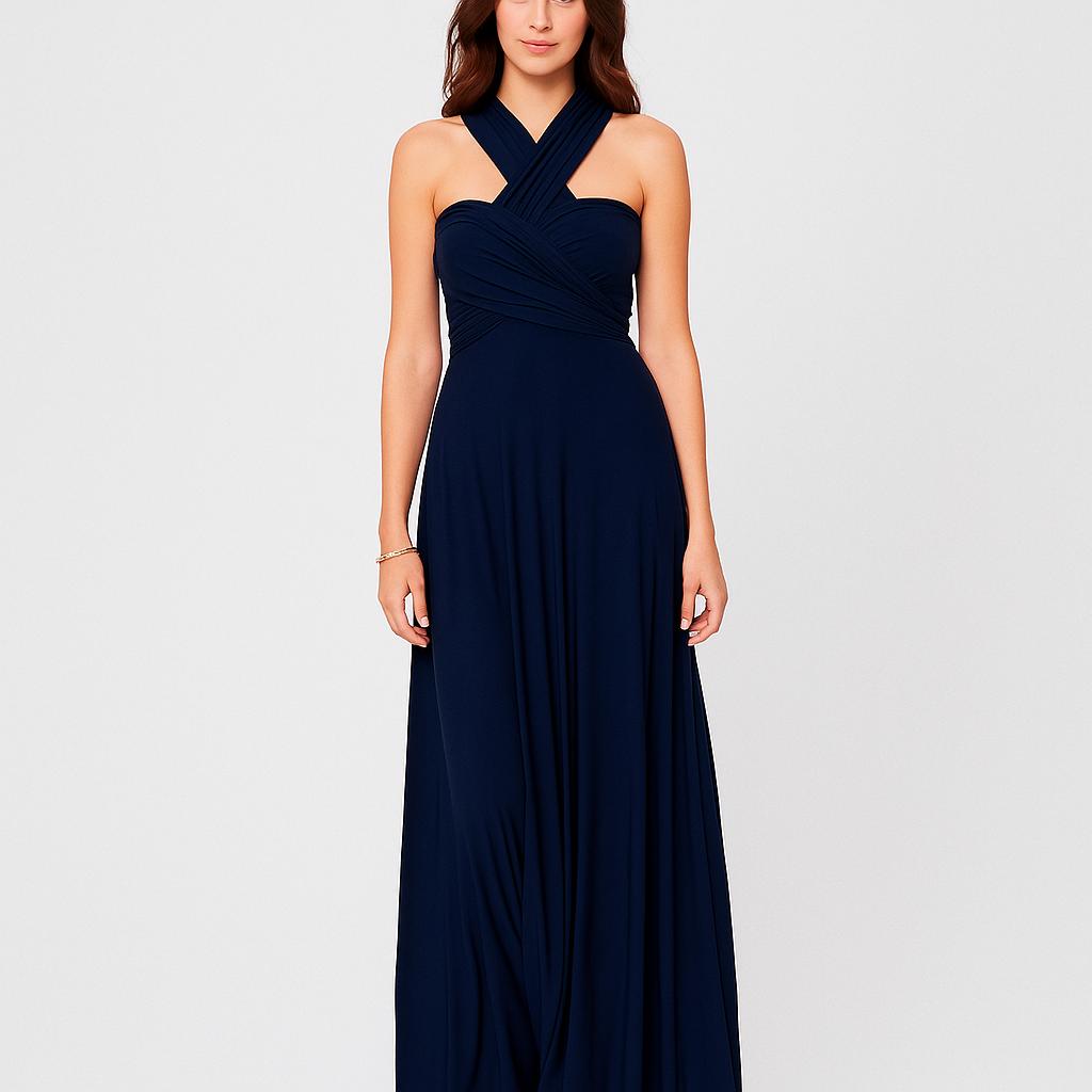 Vestido comprido fluido com decote halter e efeito drapeado