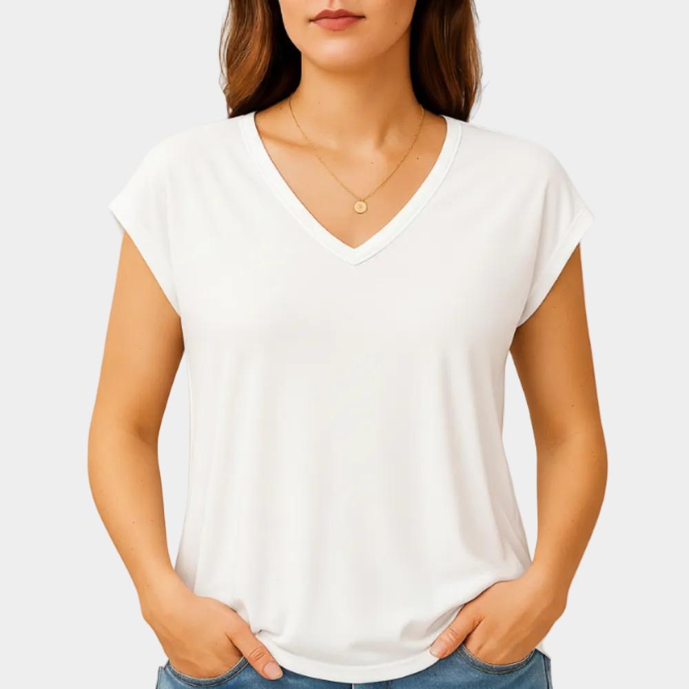 T-shirt feminina fluida com decote em V e manga curta