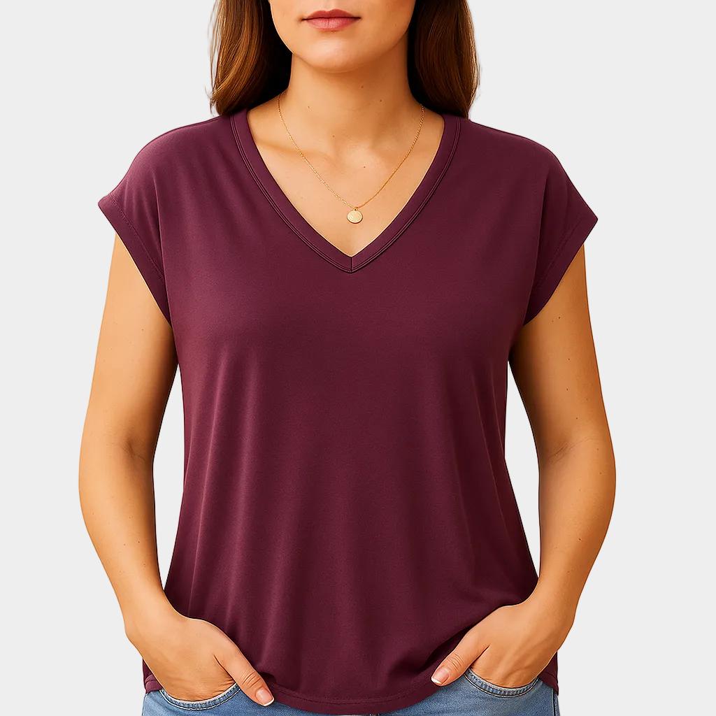 T-shirt feminina fluida com decote em V e manga curta