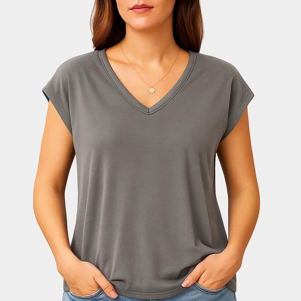 T-shirt feminina fluida com decote em V e manga curta