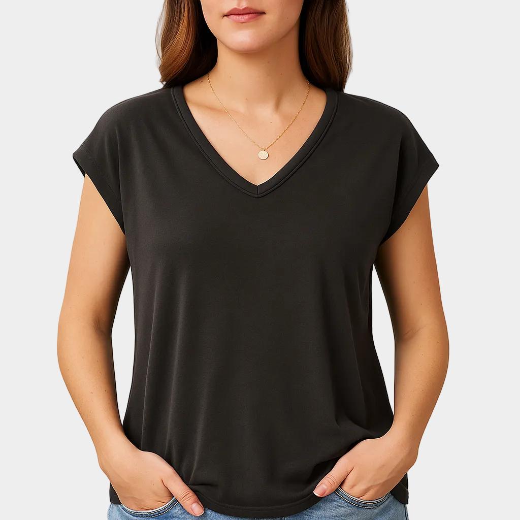 T-shirt feminina fluida com decote em V e manga curta